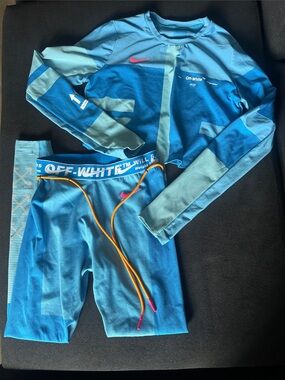 Off-White Women’s Set Blue Performance Leggings with Orange Drawcord and Top